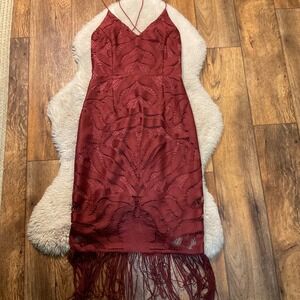 Two Sisters Dress Lace Overlay Fringe Hemline Criss Cross Back Wine Size 6 Women